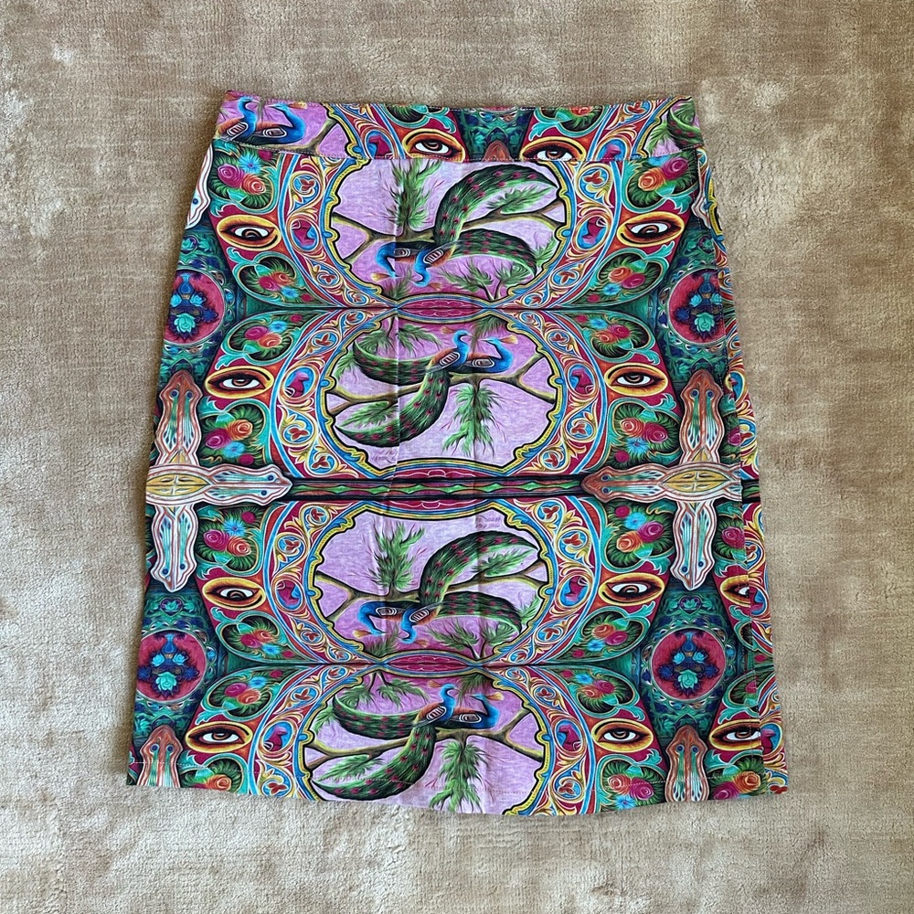 Romance was Born pink peacock print denim skirt size au10=us4